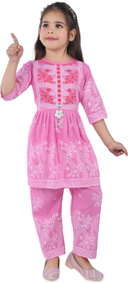 AFTAB DRESSES Girls Festive & Party Kurta and Pyjama Set(Pink Pack of 1)