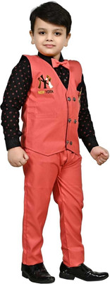 vkreation Boys Festive & Party, Wedding Blazer, Shirt and Trouser Set(Red Pack of 3)