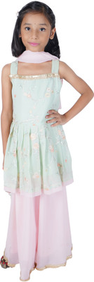 Fashionhub Girls Festive & Party Kurta and Palazzo Set(Light Green Pack of 1)