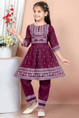 ITC FASHION Girls Festive & Party Kurta and Palazzo Set(Purple Pack of 1)