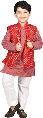new gen Boys Festive & Party Kurta, Waistcoat and Pyjama Set(Red Pack of 1)