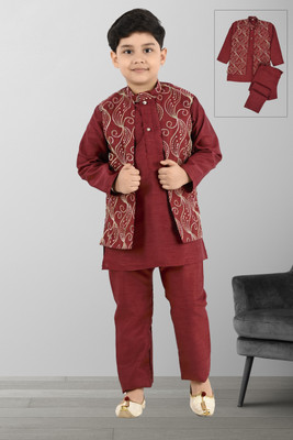 new gen Boys Wedding, Festive & Party Kurta, Waistcoat and Pyjama Set(Maroon Pack of 1)