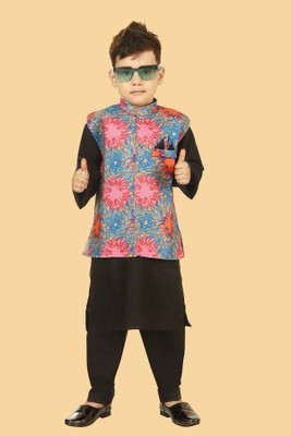 VISHESTA Boys Festive & Party Kurta, Waistcoat and Pyjama Set(Black Pack of 1)