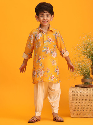 VASTRAMAY Boys Festive & Party Kurta and Pyjama Set(Yellow Pack of 1)