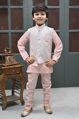 BT DEZINES Boys Festive & Party, Wedding Kurta, Waistcoat and Pyjama Set(Pink Pack of 1)