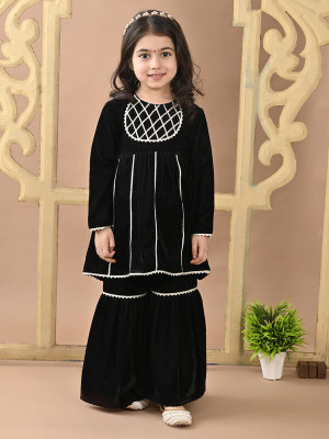 Superminis Girls Festive & Party Angarkha and Sharara Set(Black Pack of 1)