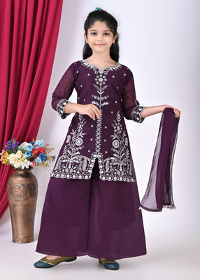MOREFASHION Girls Wedding Kurta and Palazzo Set(Purple Pack of 1)