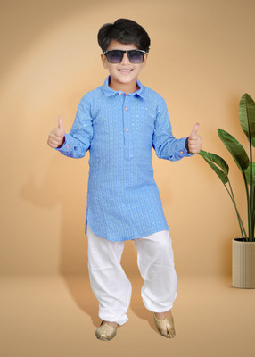 Bright Garments Dresses Boys Festive & Party Kurta and Pyjama Set(Blue Pack of 1)