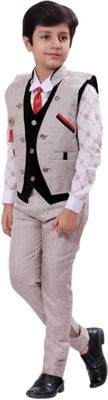 Go Berry Boys Festive & Party Shirt, Waistcoat and Pant Set(Beige Pack of 1)