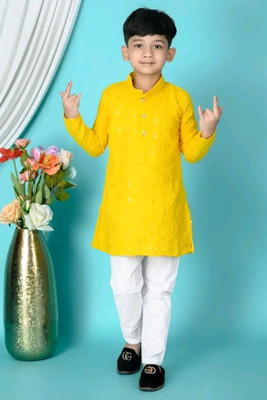 Alm Dresses Boys Festive & Party Kurta and Pyjama Set(Yellow Pack of 1)