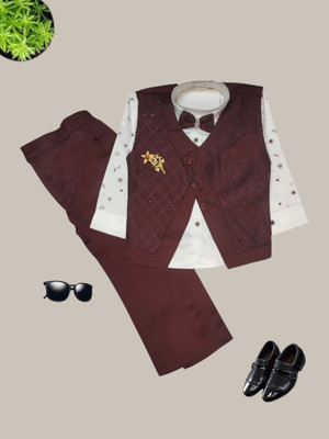 HPN CLOTHING Boys Festive & Party, Wedding Shirt, Waistcoat and Pant Set(Maroon Pack of 1)