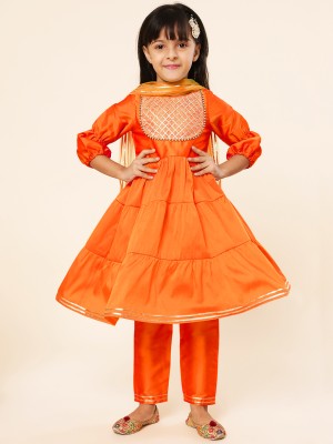 A.T.U.N. Girls Festive & Party Kurta, Pyjama & Dupatta Set(Orange Pack of 1)