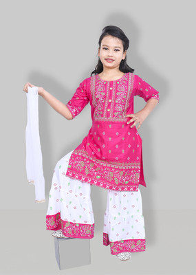 Jbegam Girls Festive & Party Kurta, Pyjama & Dupatta Set(Pink Pack of 1)