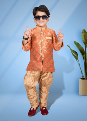 Hasibul Fashion Boys Festive & Party Kurta and Pyjama Set(Orange Pack of 1)