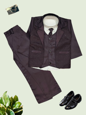 KAVYA COLLECTIONS Boys Festive & Party, Wedding Blazer, Shirt and Trouser Set(Purple Pack of 1)