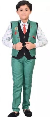 ACHOOK Boys Festive & Party Blazer, Shirt and Trouser Set(Green Pack of 1)