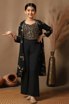 Fashion Dream Girls Festive & Party Ethnic Jacket, Blouse and Palazzo Set(Black Pack of 1)