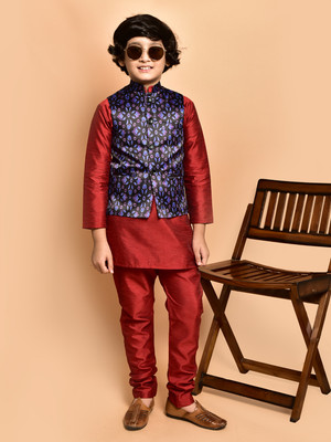 PRINTCULTR Boys Festive & Party Kurta, Waistcoat and Pyjama Set(Red Pack of 3)