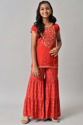 Aurelia Girls Casual Kurta and Trouser Set(Red Pack of 2)
