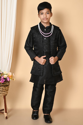 Bright Garments Dresses Boys Festive & Party Kurta, Waistcoat and Pyjama Set(Black Pack of 1)