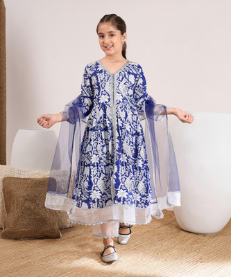 Pspeaches Girls Festive & Party Kurta and Pyjama Set(Blue Pack of 1)