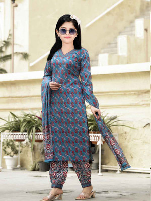 Vetrokart Girls Casual Churidar and Dupatta Set(Blue Pack of 1)