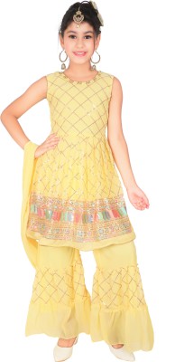 Robecult Girls Festive & Party, Wedding Kurta and Palazzo Set(Yellow Pack of 1)