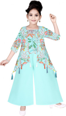 TDDRESSES Girls Festive & Party Ethnic Jacket, Kurta and Palazzo Set(Blue Pack of 1)