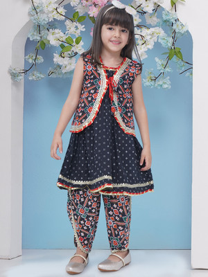 LABELKASHI Baby Girls Festive & Party Kurta and Dhoti Pant Set(Dark Blue Pack of 1)