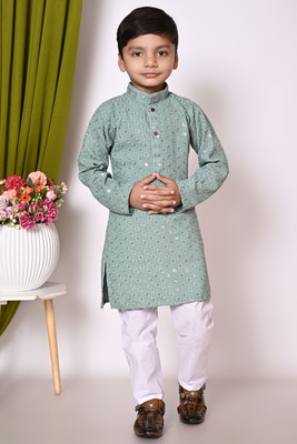 SelfiCollection Boys Festive & Party Kurta and Pyjama Set(Light Green Pack of 1)