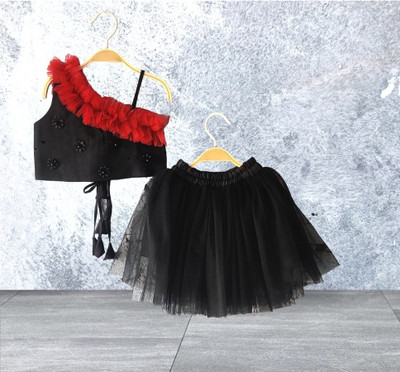 Charan Kanya Girls Festive & Party, Wedding Top and Skirt Set(Black Pack of 1)