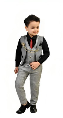 Go Berry Boys Festive & Party Shirt, Waistcoat and Pant Set(Black Pack of 1)