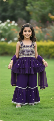MK LASKAR FASHION Baby Girls Festive & Party Kurta, Pyjama & Dupatta Set(Purple Pack of 1)