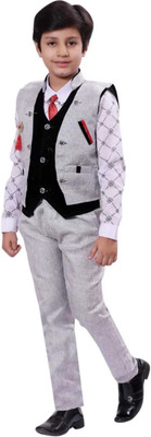 Go Berry Boys Festive & Party Blazer, Shirt and Trouser Set(Grey Pack of 1)