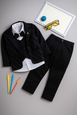 KIDCHAMP Boys Festive & Party, Wedding Blazer, Shirt and Trouser Set(Black Pack of 1)