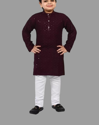 Qitty Baby Boys Festive & Party Kurta and Pyjama Set(Purple Pack of 1)