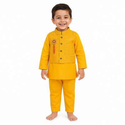 HouseOfCommon Boys Festive & Party Kurta, Waistcoat and Pyjama Set(Yellow Pack of 1)