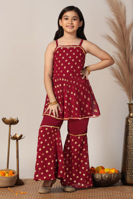 Tasrika Girls Festive & Party Kurta and Sharara Set(Maroon Pack of 1)