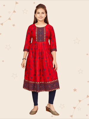 Kidotsav Girls Printed Straight Kurta(Red, Dark Blue)