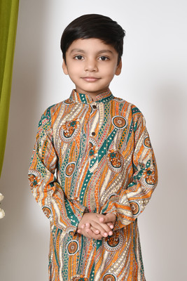 SelfiCollection Boys Festive & Party Kurta and Pyjama Set(Beige Pack of 1)