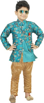 Oxipital Club Boys Festive & Party Kurta, Waistcoat and Breeches Set(Blue Pack of 1)