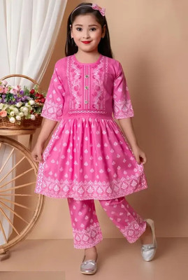 RKTM Baby Girls Festive & Party Kurta and Pyjama Set(Pink Pack of 1)