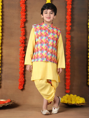 Superminis Boys Festive & Party Ethnic Jacket, Kurta and Dhoti Pant Set(Yellow Pack of 1)