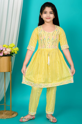ChromaFashion Girls Festive & Party Kurta and Pyjama Set(Yellow Pack of 1)