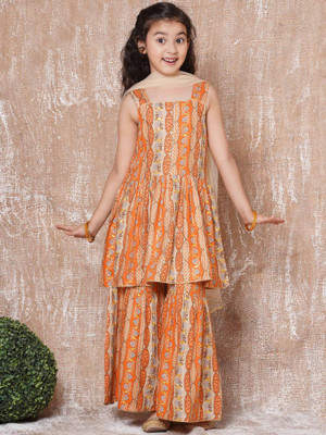AJ Dezines Girls Festive & Party Angarkha and Sharara Set(Orange Pack of 1)