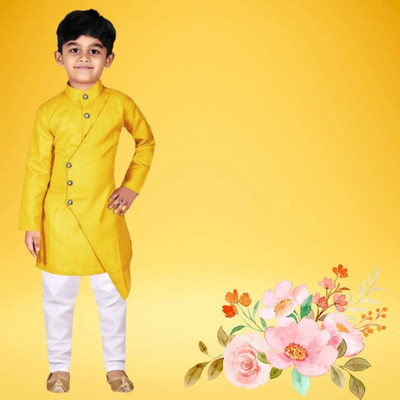 VDC CREATIONS Baby Boys Festive & Party Kurta and Pyjama Set(Yellow Pack of 1)