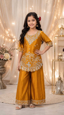jarul Girls Festive & Party Kurta and Palazzo Set(Gold Pack of 1)