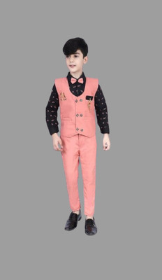 Fashionhub Boys Casual Shirt, Waistcoat and Pant Set(Pink Pack of 1)