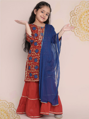 Indo Era Girls Festive & Party Kurta and Palazzo Set(Orange Pack of 1)