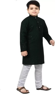 Qitty Boys Festive & Party, Wedding Kurta and Pyjama Set(Dark Green Pack of 1)